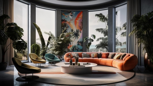 Sala de estar moderna brutalista tropical em multicolor Ai gerado arte 01