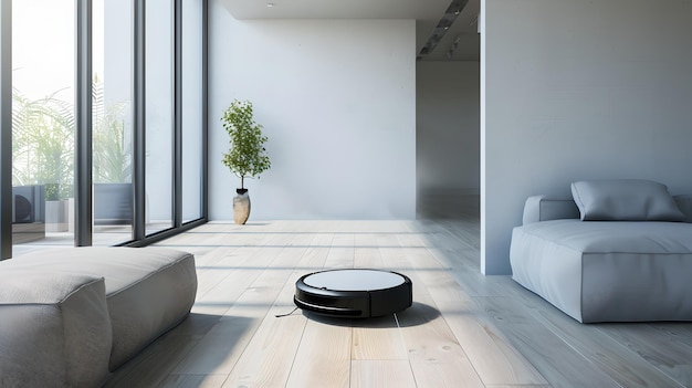 Sala de estar moderna com aspirador robótico em ação Design minimalista limpo Tecnologia doméstica inteligente para a vida diária IA
