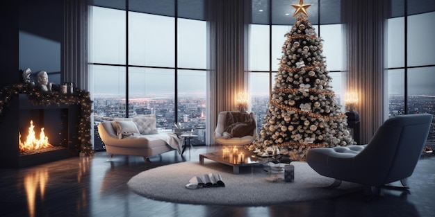 Sala de estar moderna com decoração de Natal Ilustração AI GenerativexA