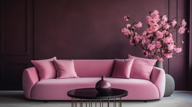 Sala de estar moderna com design monocromático rosa closeup de sofá de luxo decoração elegante