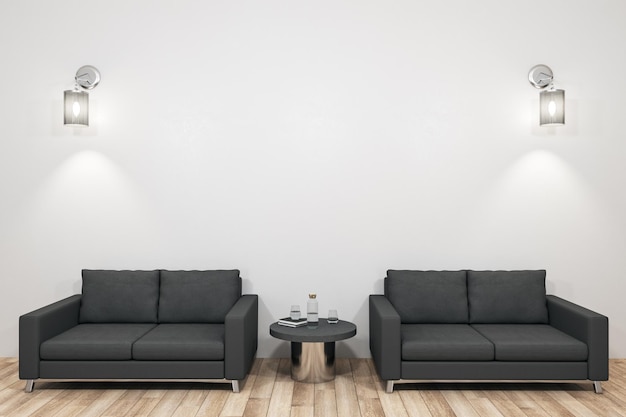 Sala de estar moderna com dois sofás pretos e parede em branco