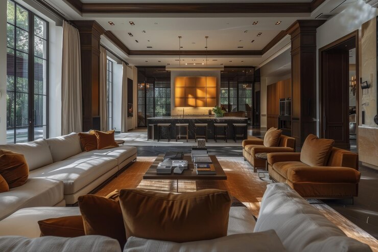 Foto sala de estar moderna com grandes janelas e móveis elegantes
