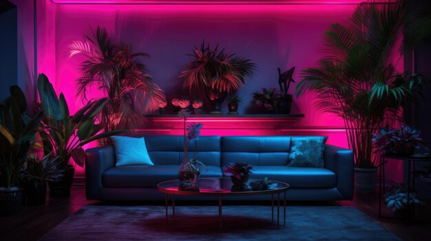 Sala de estar moderna com iluminação LED roxa e móveis contemporâneos