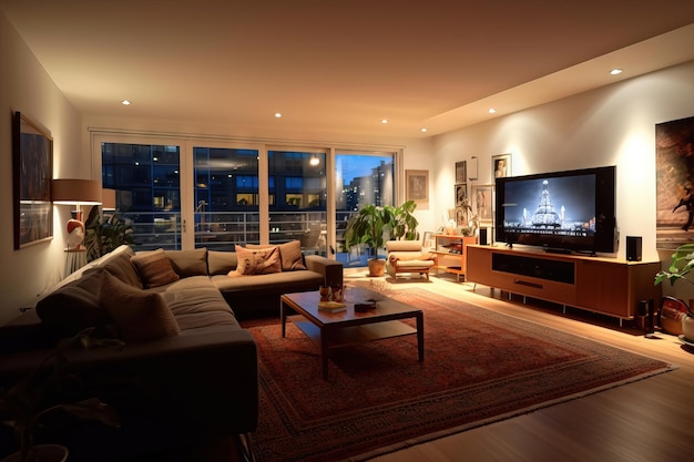 Sala de estar moderna com iluminação quente
