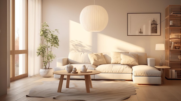 Sala de estar moderna com luz solar e design de interiores minimalista IA generativa