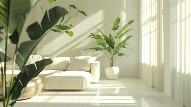 Sala de estar moderna com luz solar e plantas verdes sala de estar moderna iluminada pelo sol com um confortável sofá branco plantas decorativas e cortinas transparentes lançando sombras suaves em um chão limpo