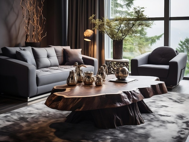 Sala de estar moderna com mesa de café de tronco de madeira perto de poltronas cinzentas e sofá