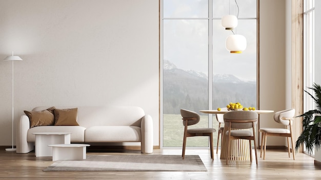 Sala de estar moderna com móveis de design e montanhas de janelas ver renderização 3D