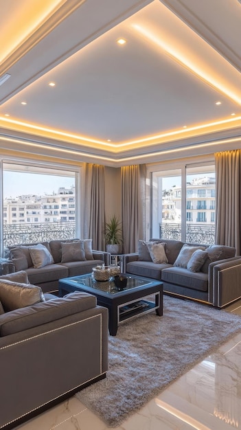 Sala de estar moderna com móveis elegantes e luz natural