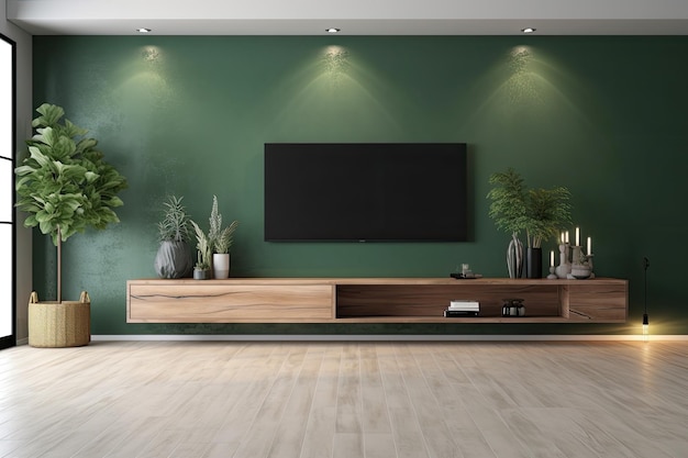 Sala de estar moderna com paredes verdes e uma grande TV de tela plana como ponto focal Generative AI