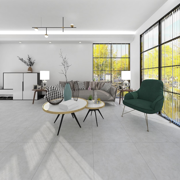 Sala de estar moderna com piso de cimento renderização em 3D