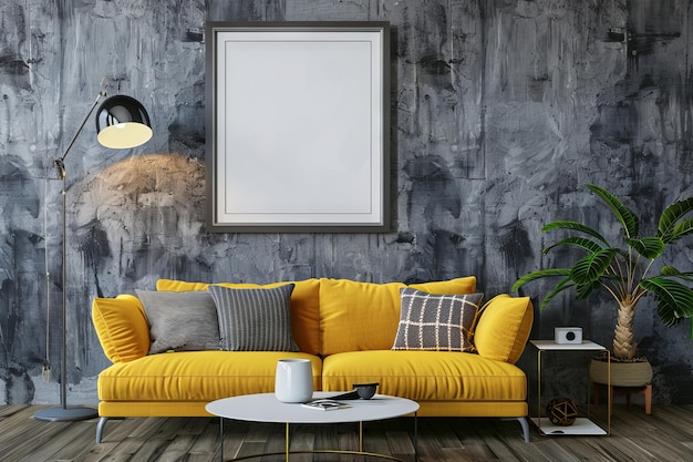 Sala de estar moderna com sofá amarelo e mesa branca moldura de cartaz generativa AI