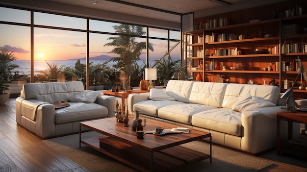 Sala de estar moderna com sofá e móveis Interior da sala de estar com plantas verdes e sofás