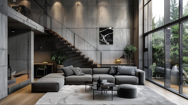 Sala de estar moderna com sofá, mesa e escadas