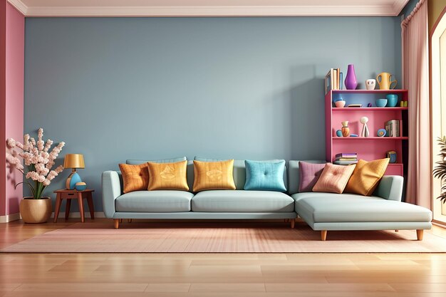 Sala de estar moderna com sofá no chão de madeira e parede vazia colorida renderização 3d