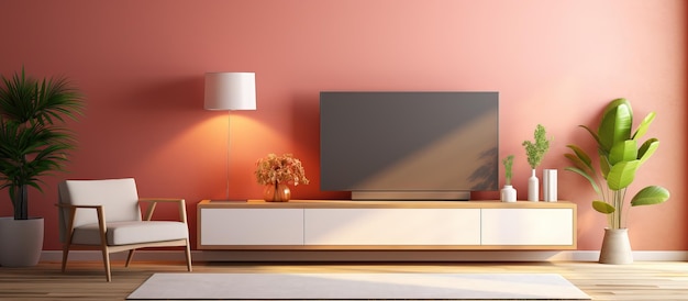 Sala de estar moderna com televisão no quadro da lâmpada do armário e planta na parede de coral