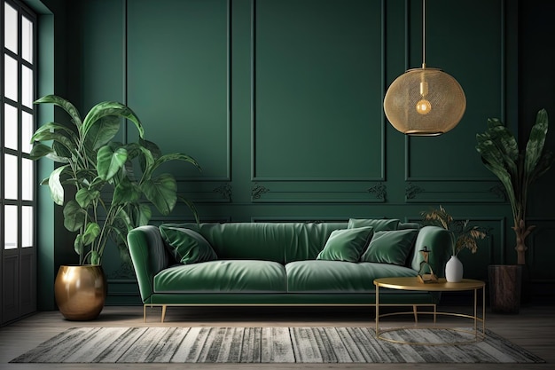 Sala de estar moderna com um esquema de cores verde Generative AI