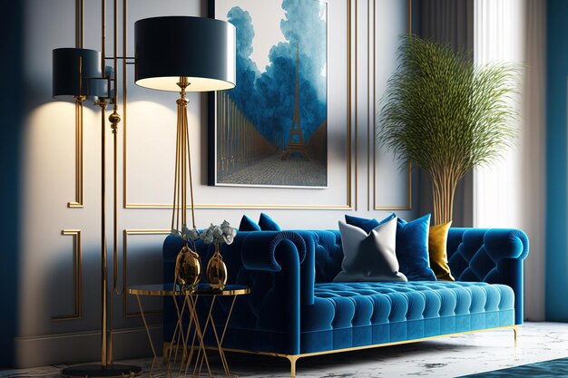 Sala de estar moderna com uma decoração monocromática em azul, um elegante sofá de veludo, um tapete bege e um candeeiro de pé dourado