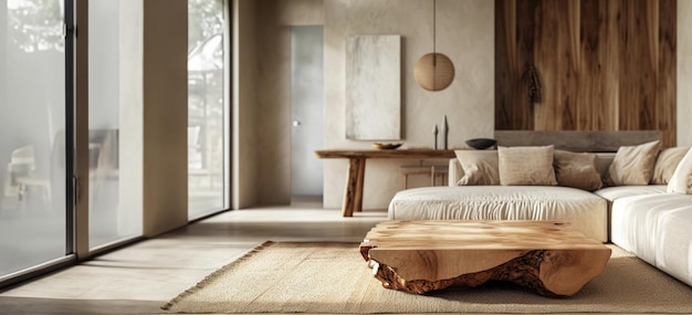 Sala de estar moderna com uma mesa de madeira