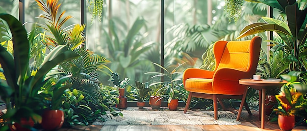 Sala de estar moderna de inspiração tropical Plantas verdes e móveis elegantes Espaço brilhante e arejado