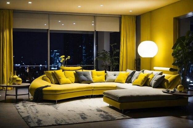 Sala de estar moderna de luxo com frente amarela