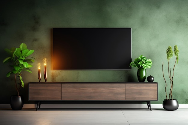 Foto sala de estar moderna de luxo com uma tv em um armário plantas em um vaso de moda uma parede verde