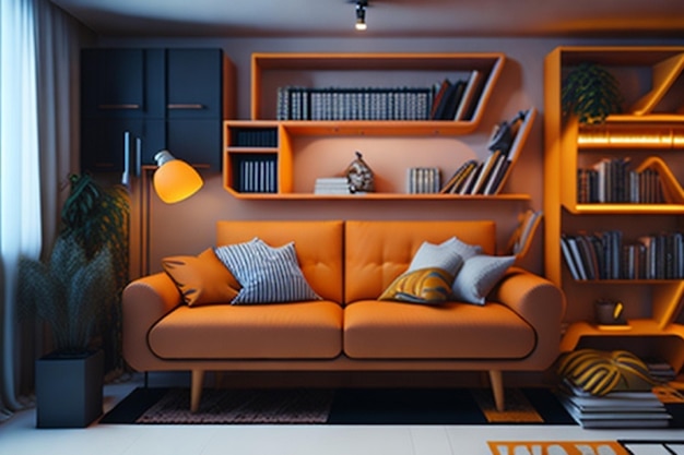 Sala de estar moderna de luxo e uma parede e armário com livros e luz de lâmpada laranja