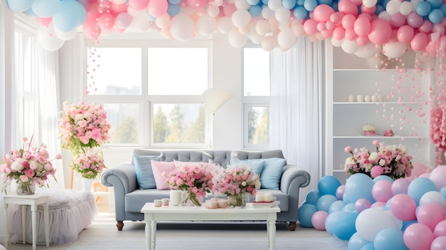 Sala de estar moderna decorada para uma festa de revelação de gênero com balões azuis e cor-de-rosa