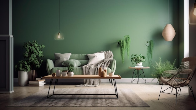 Sala de estar moderna e aconchegante com parede monocromática verde sálvia Design de interiores contemporâneo com mesa de cor de parede moderna, plantas e cadeiras IA generativa