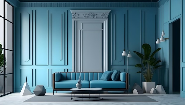 Sala de estar moderna e aconchegante e textura de parede azul design de interiores generativo ai