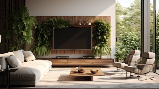 Sala de estar moderna e chique com plantas e televisão na mesa