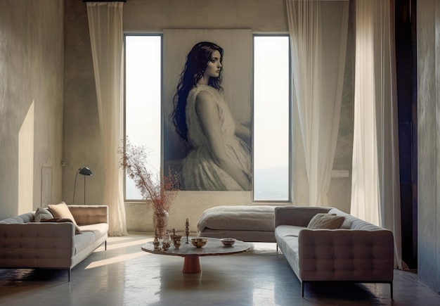 Sala de estar moderna e elegante com grandes janelas e decoração requintada
