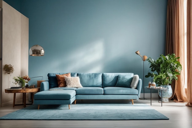 Sala de estar moderna e luminosa, sem ninguém, com móveis azuis e paredes lindamente decoradas