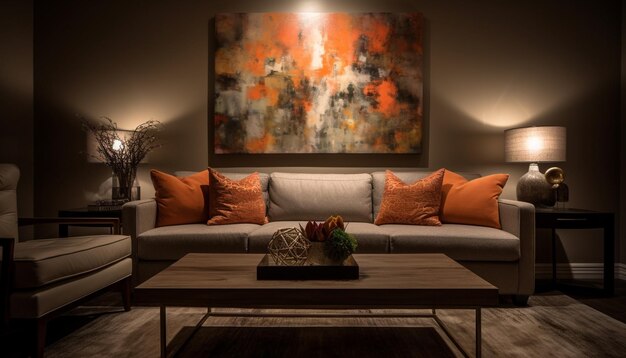 Sala de estar moderna e luxuosa com iluminação brilhante e elegância antiquada gerada por inteligência artificial