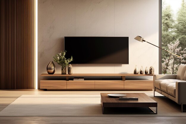 Sala de estar moderna e refinada com um suporte de TV de madeira que abriga uma tela LCD plana