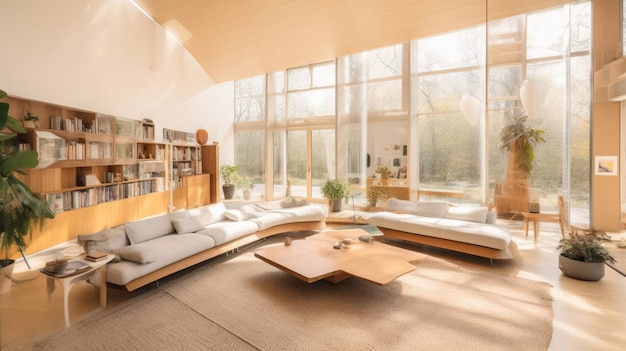 Sala de estar moderna e tranquila com uma vista serena através de janelas de chão e teto e assentos de pelúcia