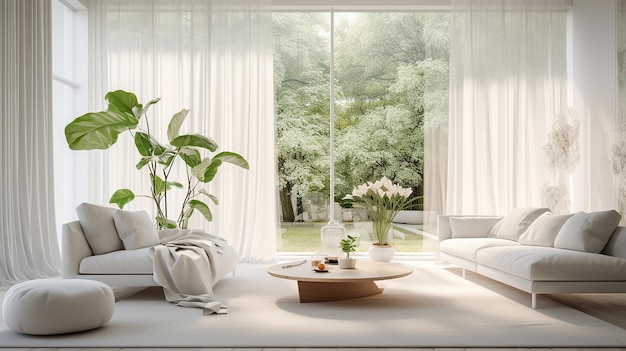 Foto sala de estar moderna, elegante e luxuosa com teto alto e cortinas