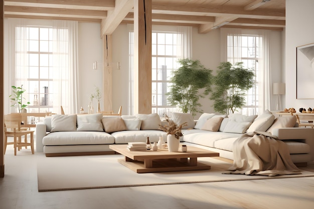 Sala de estar moderna em uma casa nova com paredes e chão brancos