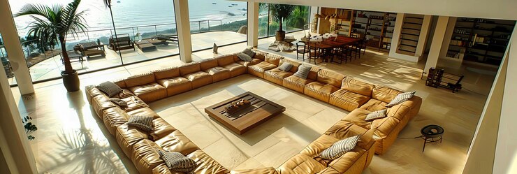Foto sala de estar moderna espaçosa com lareira e sofá aconchegante design interior elegante com acentos de madeira