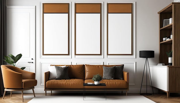 Sala de estar moderna marrom e branca com molduras simuladas de sofá e decoração IA generativa