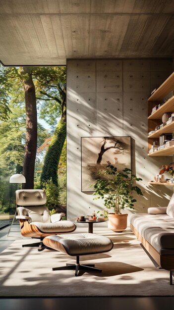 Foto sala de estar moderna serena com vista para uma floresta interior de uma sala moderna