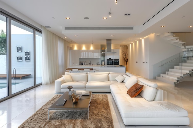 Sala de estar monocromática espaçosa e brilhante com cozinha em uma casa de campo moderna Móveis estofados brancos fachadas brancas embutidos em eletrodomésticos janelas panorâmicas Design de interiores contemporâneo