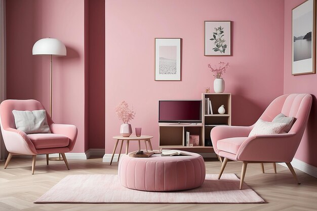 Sala de estar rosa com banquinho de poltrona e mesa de televisão