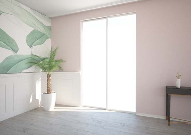 Sala de estar rosa com janela de terraço e papel de parede de folhas