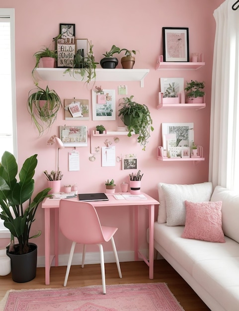 sala de estar rosa espaço de trabalho em casa com itens como plantas e arte