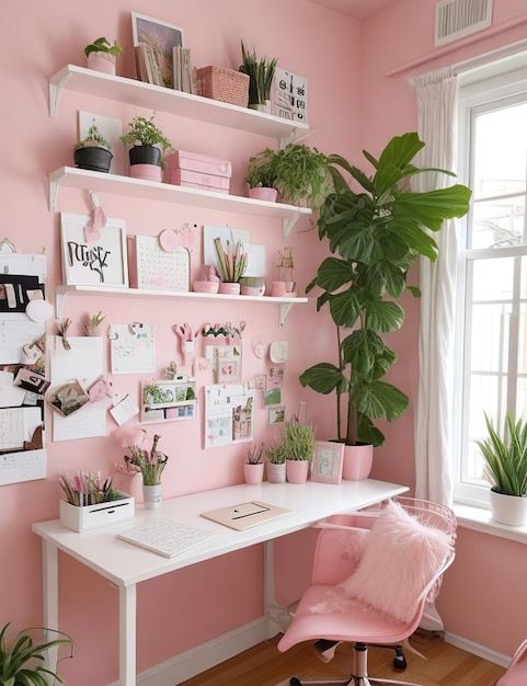 sala de estar rosa espaço de trabalho em casa com itens como plantas e arte