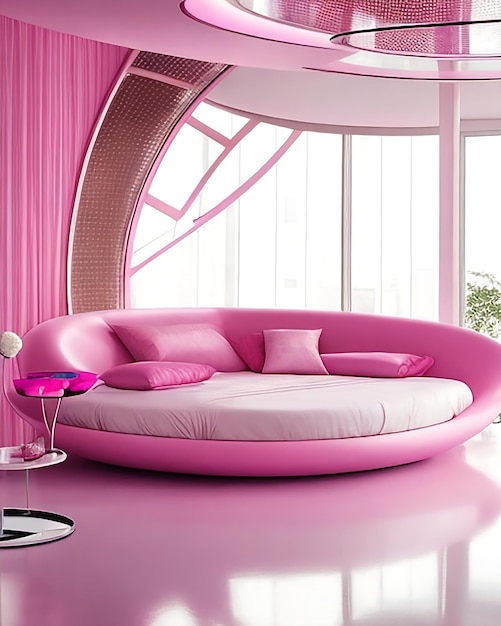 Sala de estar rosa futurista com ai gerada e sala de estar