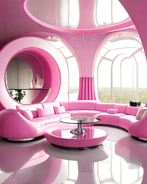 Sala de estar rosa futurista com ai gerada e sala de estar