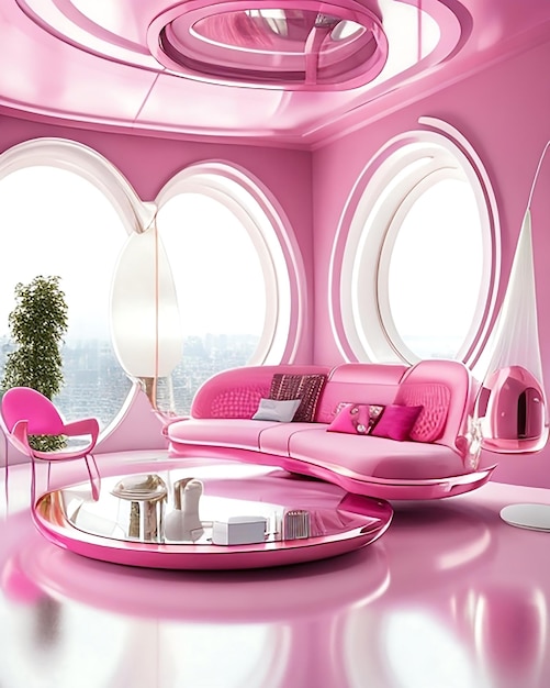 Sala de estar rosa futurista com ai gerada e sala de estar