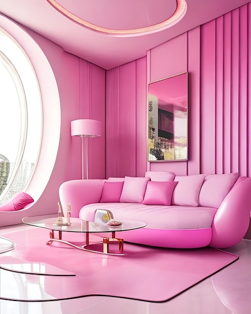 Sala de estar rosa futurista com ai gerada e sala de estar